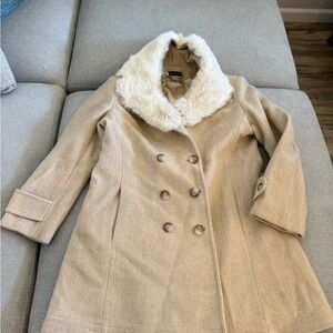 Women's Tan Double-Breasted Coat with Fur Collar